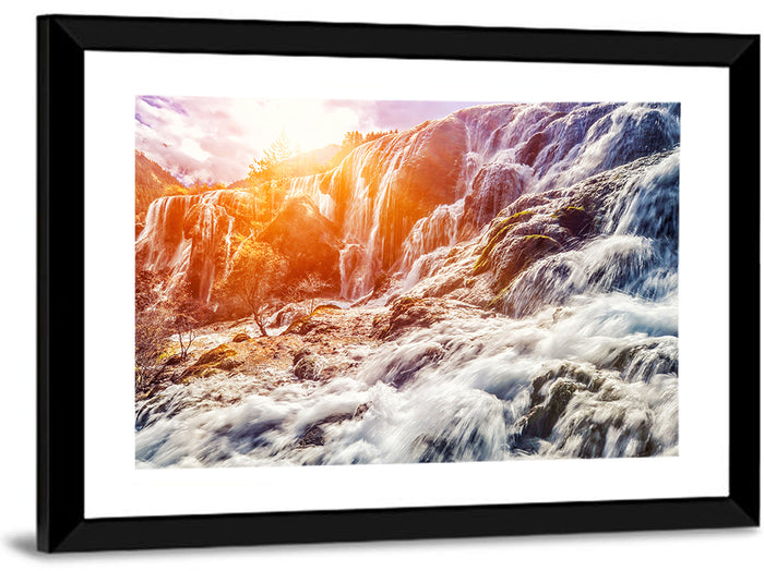 Sunlit Mountain Waterfall Closeup Wall Art as a framed print