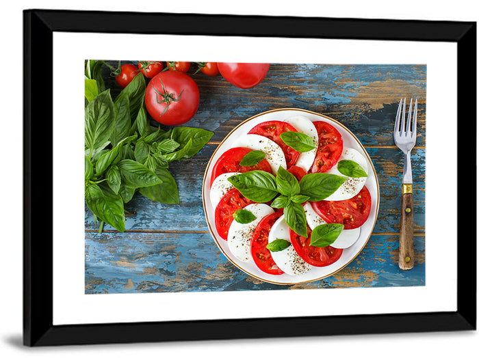 Rustic Caprese Salad with Basil Wall Art as a framed print