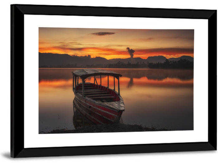 Sunset Fishing Boat on Calm Lake Wall Art as a framed print