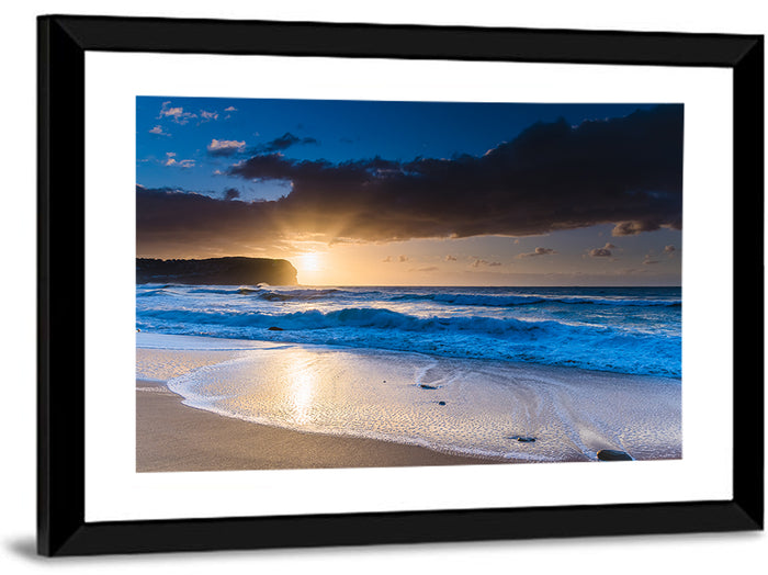 Macmasters Beach Golden Sunrise Wall Art as a framed print