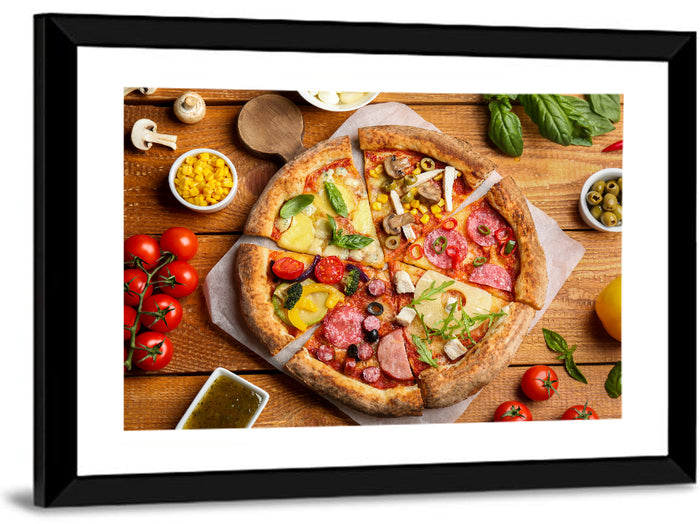 Sliced Pizza on Wooden Board Wall Art as a framed print