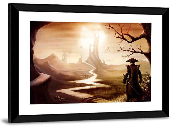 Silhouetted Samurai at Distant Tower Wall Art as a framed print