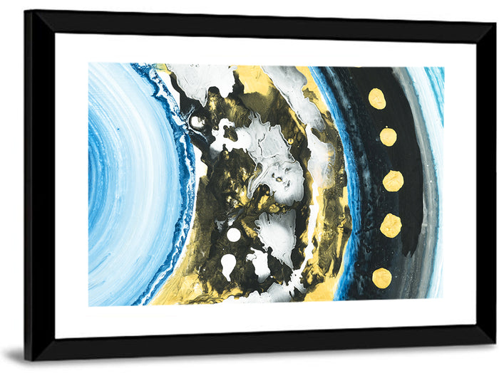 Planet Rings in Blue and Gold Wall Art as a framed print