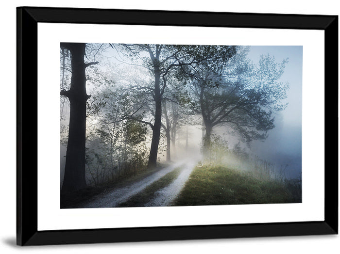 Foggy Forest Path Wall Art as a framed print