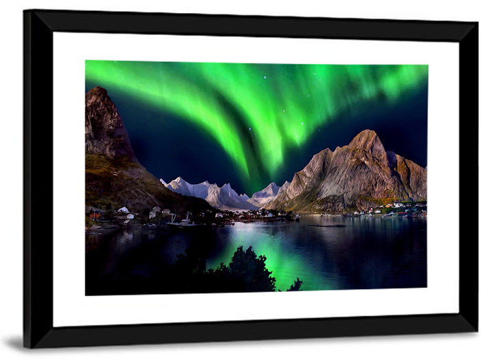 Northern Lights Over Snow Capped Mountains Wall Art as a framed print