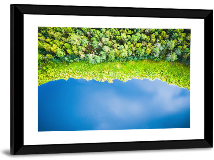 Aerial Blue Lake Over Woodland Wall Art as a framed print