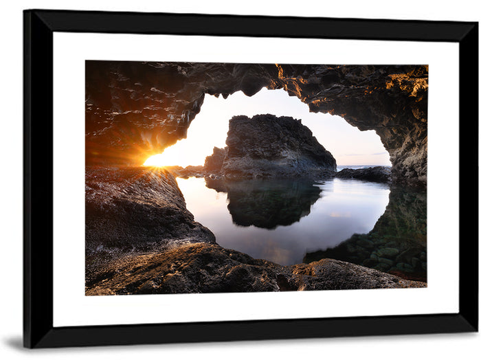 Sea Cave Sunset Wall Art as a framed print