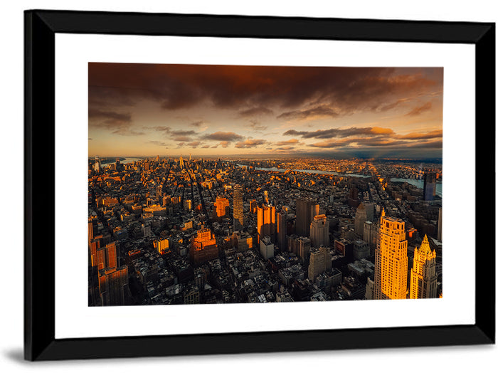 South Manhattan Sunset Skyline Wall Art as a framed canvas