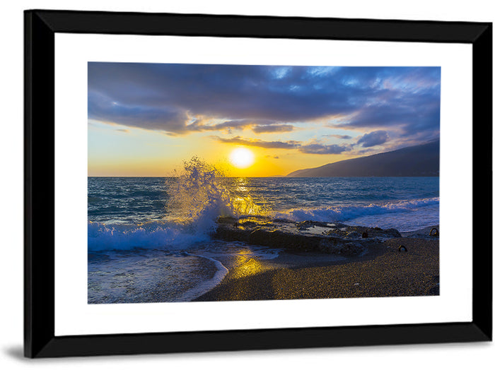 Crashing Wave at Golden Sunset Wall Art as a framed print