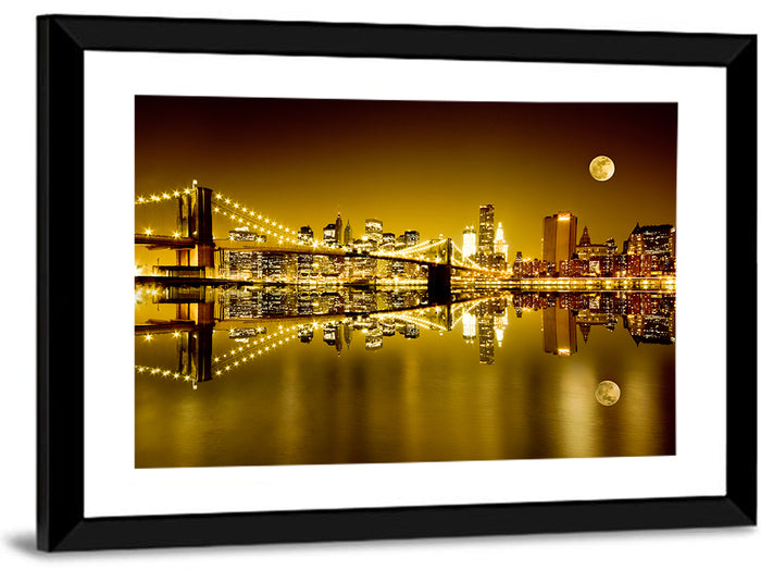 Brooklyn Bridge Moonlit Reflection Wall Art as a framed print