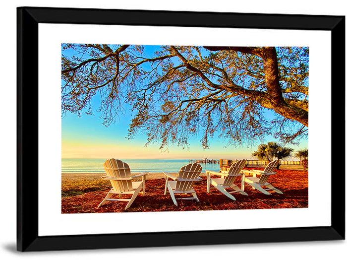 Mobile Bay Adirondack Chairs at Sunrise Wall Art as a framed print