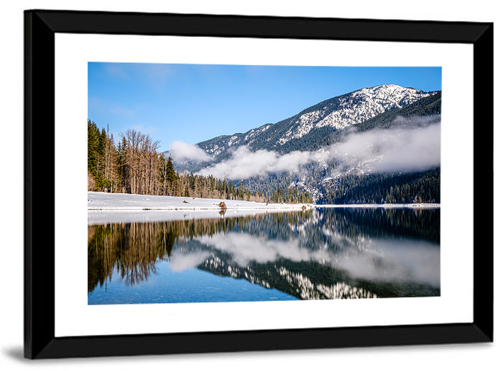 Snow-capped Kachess Lake Reflection Wall Art as a framed print
