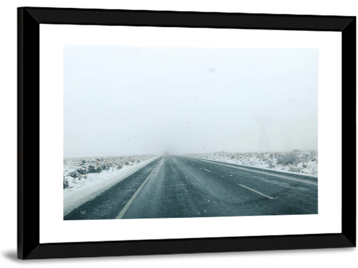 Foggy Winter Mountain Road Wall Art as a framed print