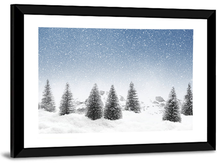 Winter Pine Trees Landscape Wall Art as a framed print