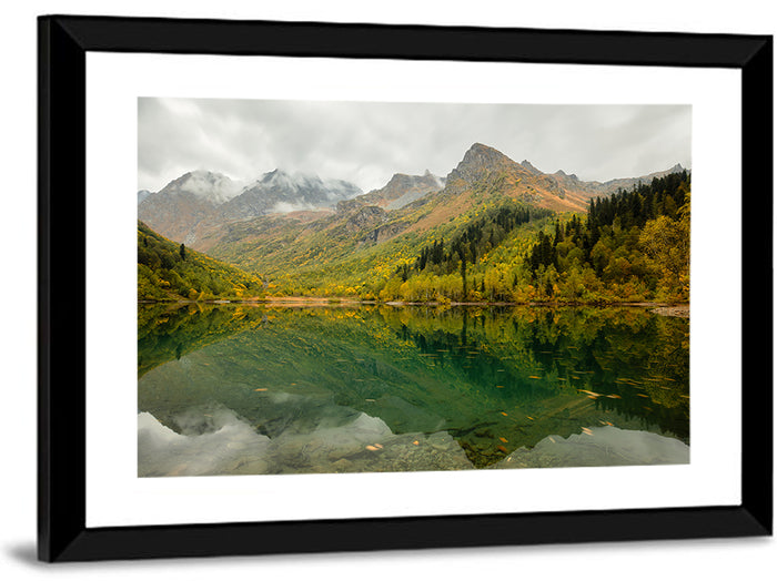 Kardyvach Lake Reflection Under Clouded Peaks Wall Art as a framed print