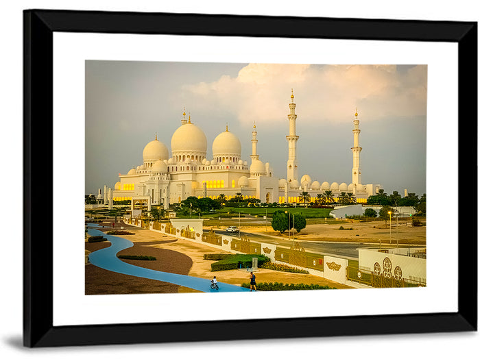 Sheikh Zayed Grand Mosque at Golden Dusk Wall Art as a framed print