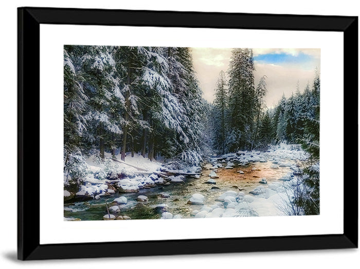Winter Creek in Snowy Pines Wall Art as a framed print
