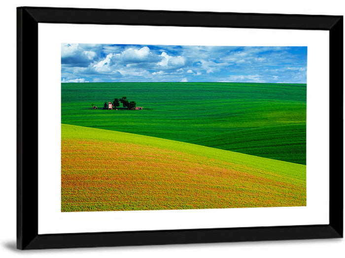 Golden Field and Green Hillside Wall Art as a framed print