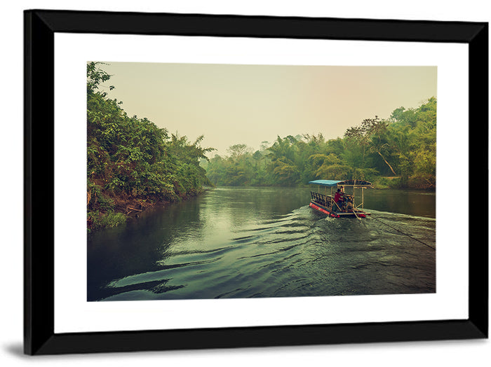 Misty Long-tail Boat on River Kwai Wall Art as a framed print