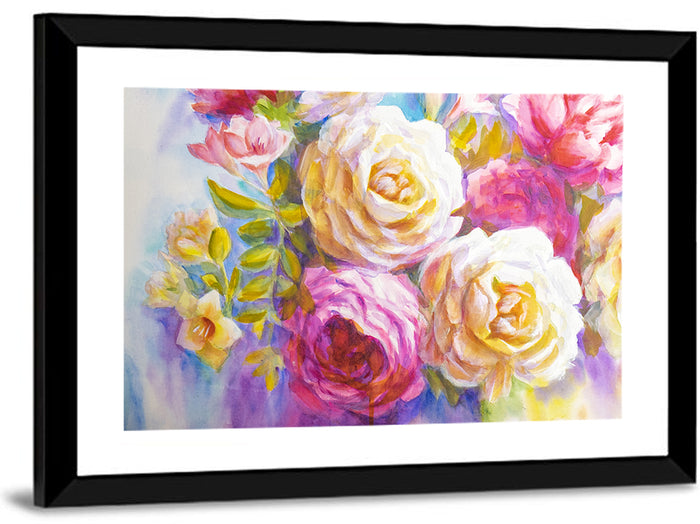 Layered Watercolor Rose Bouquet Wall Art as a framed print