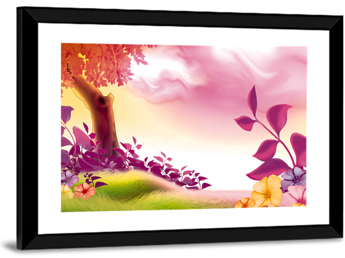 Dreamy Summer Meadow Illustration Wall Art as a framed print