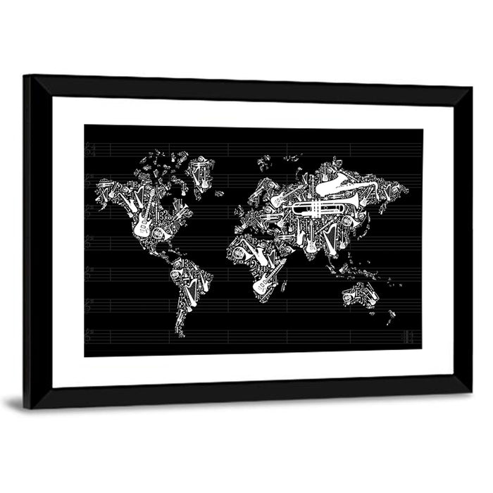 Instrument Silhouette World Map Wall Art as a framed print