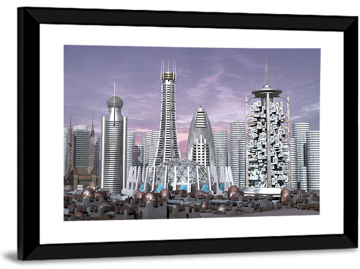 Purple Dusk Futuristic Cityscape Wall Art as a framed print