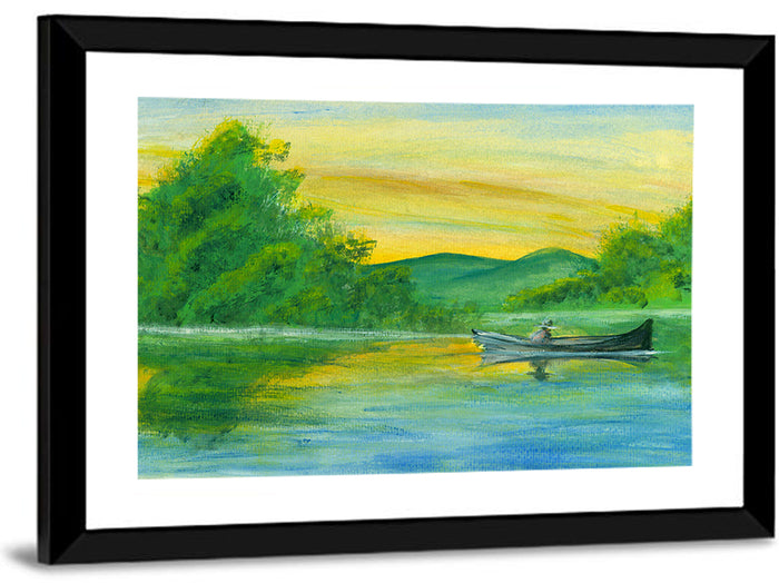 Rowboat on Serene Lake Watercolor Wall Art as a framed print