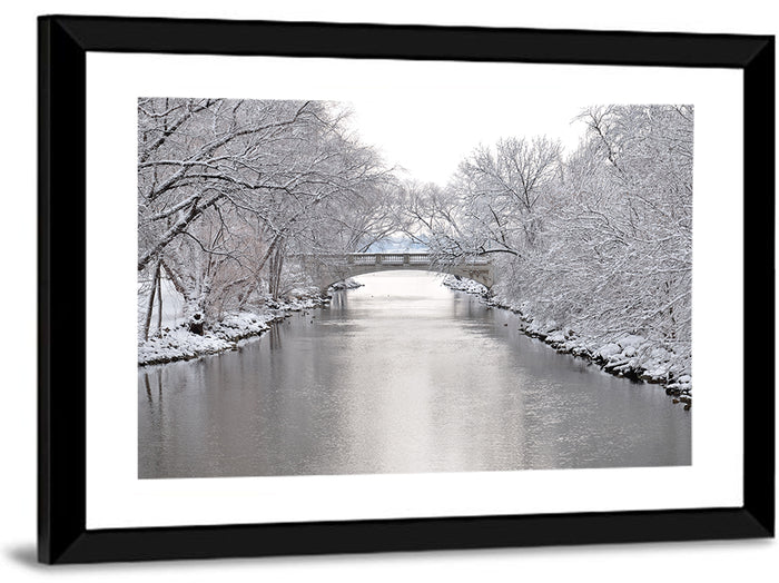Yahara River Winter Stone Bridge Wall Art as a framed print