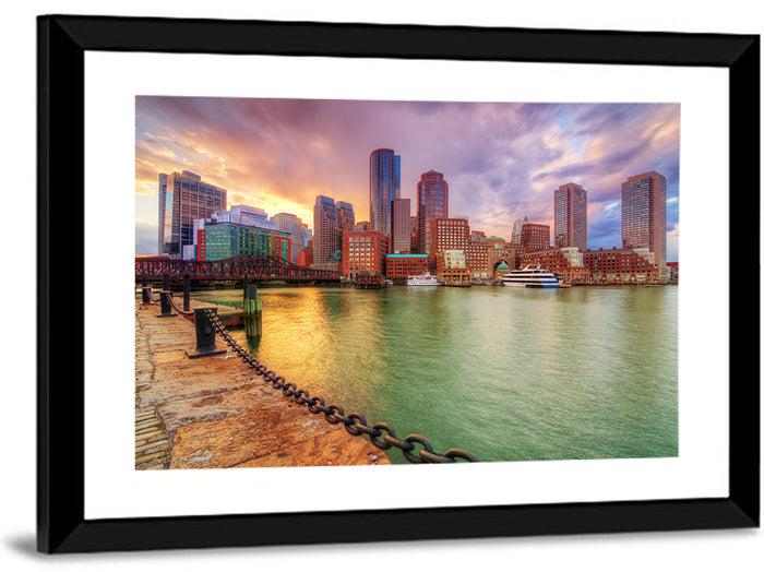 Boston Harbor Skyline at Sunset Wall Art as a framed print