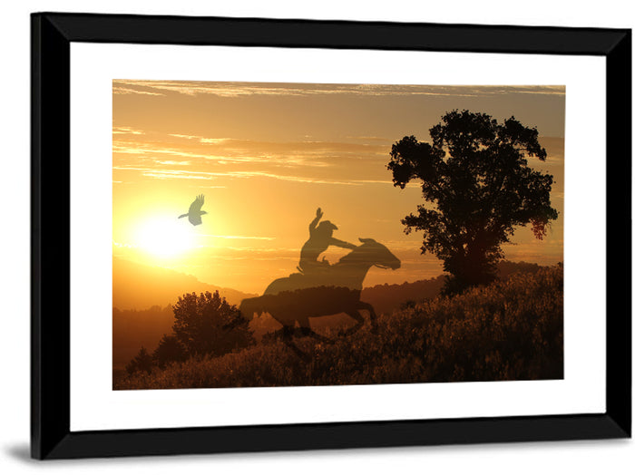 Cowboy Silhouette at Golden Sunset Wall Art as a framed print