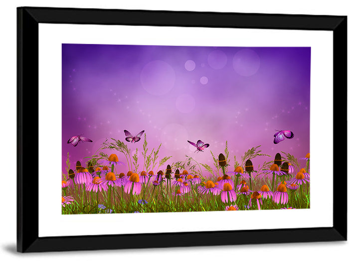 Purple Coneflower Butterfly Meadow Wall Art as a framed print