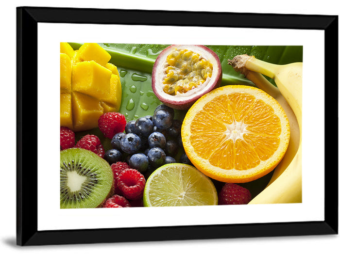Vibrant Fresh Fruit Flat Lay Wall Art as a framed print