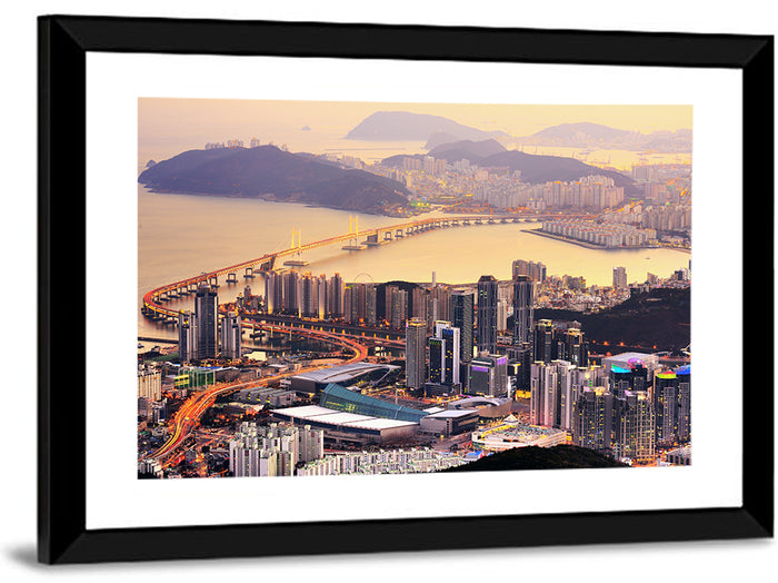 Busan Dusk Aerial Skyline with Gwangan Bridge Wall Art as a framed print