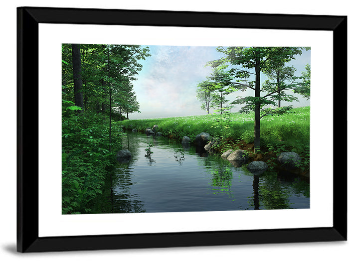 Tranquil Meadow Stream with Wildflowers Wall Art as a framed print