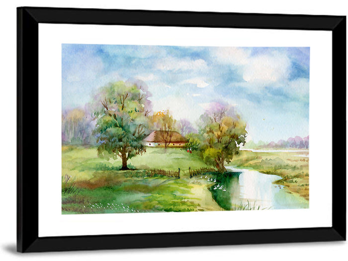 Spring Cottage by the Stream Wall Art as a framed print