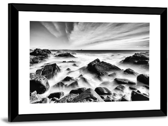 Maine Rocky Coast with Distant Lighthouse Wall Art as a framed print
