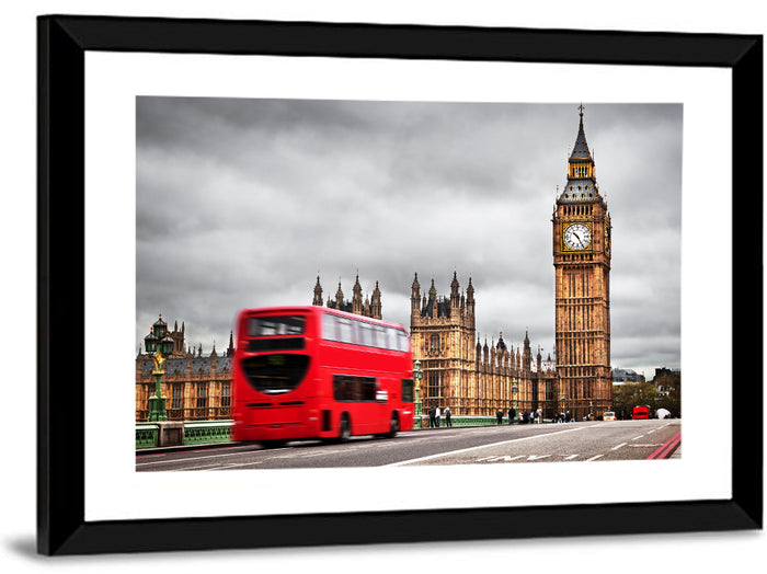 Big Ben with Red Bus, Westminster London Wall Art as a framed print
