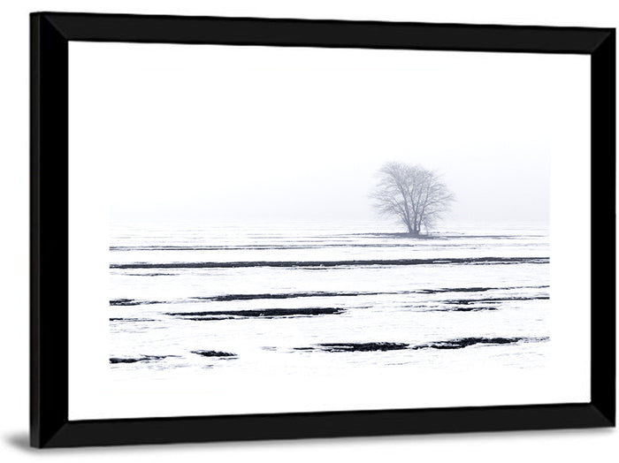 Foggy Winter Field with Lone Tree Wall Art as a framed print