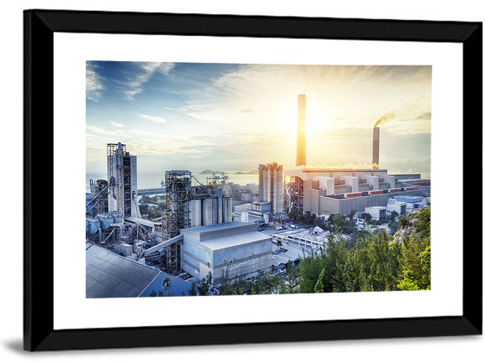 Coastal Power Plant at Sunrise Wall Art as a framed print