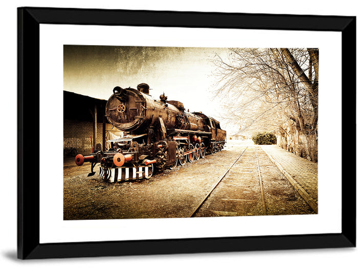 Sepia Steam Locomotive on Rusted Tracks Wall Art as a framed print