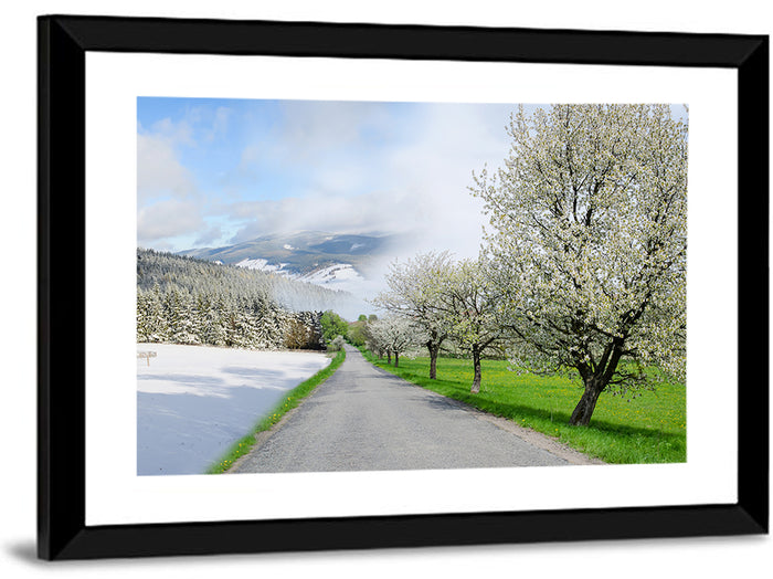 Season Change Road to Snowy Mountain Wall Art as a framed print