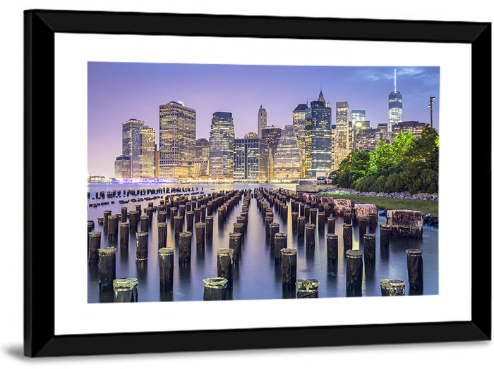 Manhattan Skyline at Twilight Wall Art as a framed print