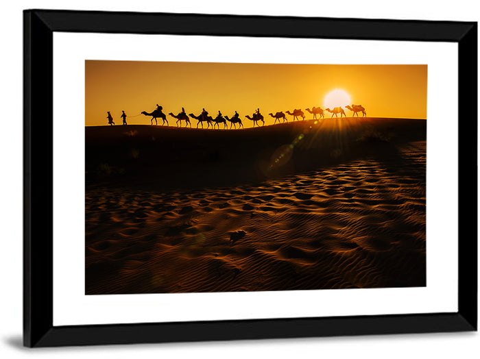 Camel Caravan Silhouette at Golden Sunset Wall Art as a framed print
