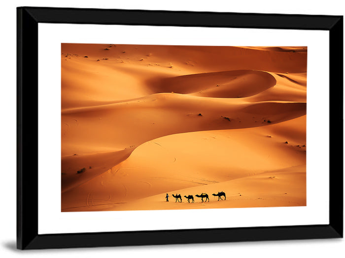 Desert Camel Caravan in Golden Dunes Wall Art as a framed print