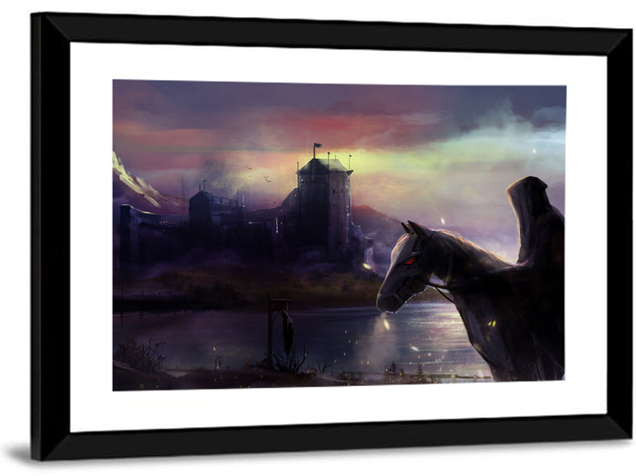Horseman at Dusk by Misty Castle Wall Art as a framed print
