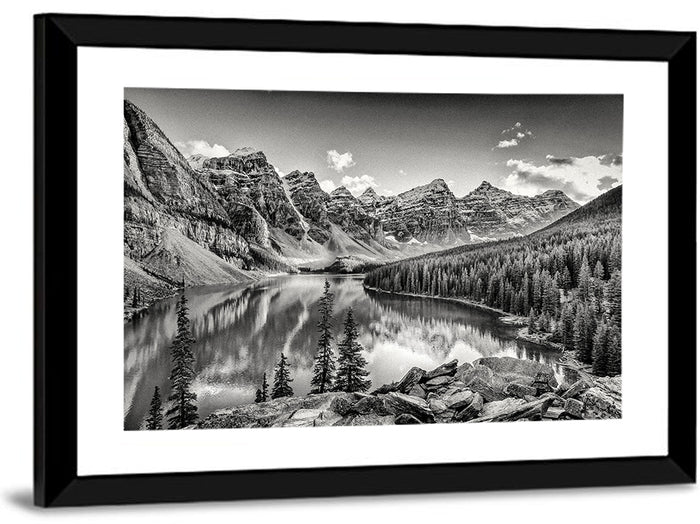 Moraine Lake Monochrome Mountain Landscape Wall Art as a framed print