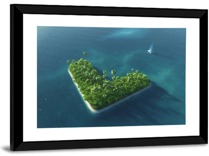 V-shaped Tropical Island with Distant Catamaran Wall Art as a framed print