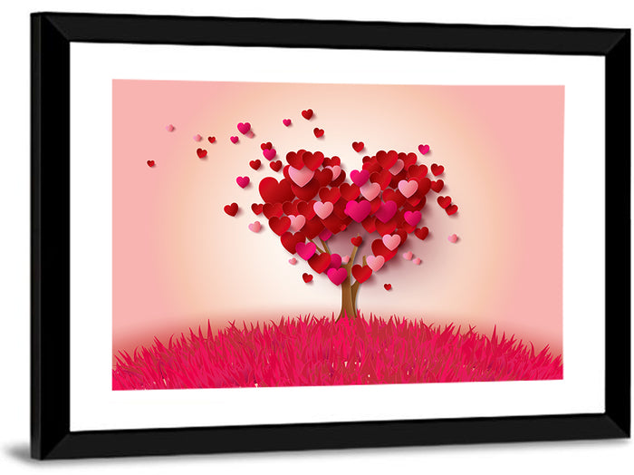 Whimsical Heart Tree Illustration Wall Art as a framed print