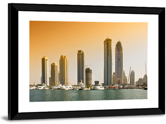 Dubai Marina Sunset Skyline with Yachts Wall Art as a framed print